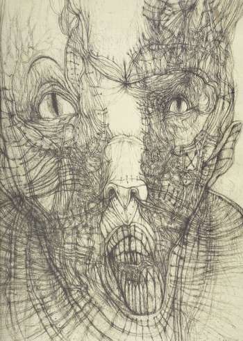 Ink on cloth drawing by Beksinski